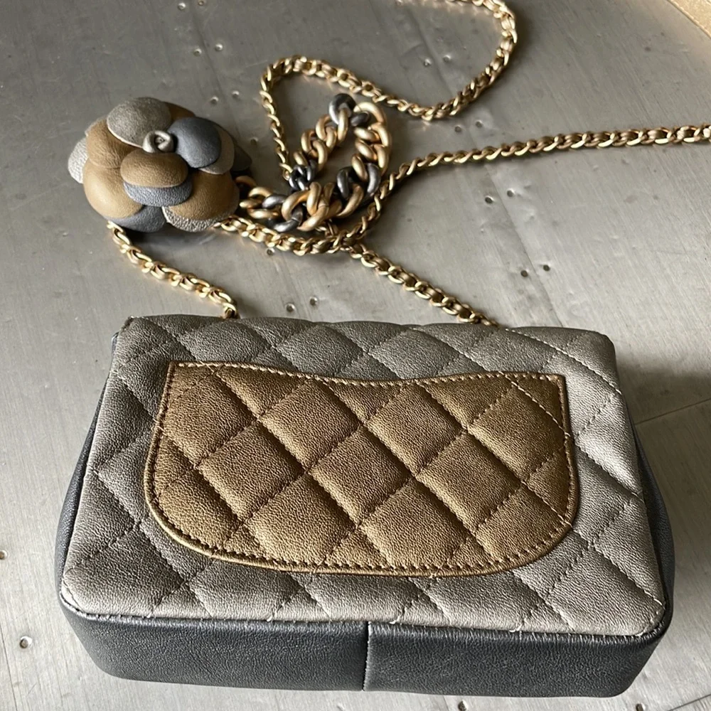 Chanel mini square quilted camellia two toned flap bag 17a bronze silver gold